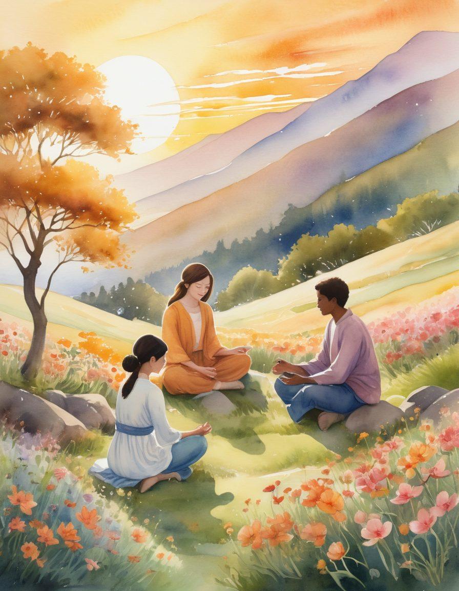 A serene scene depicting a diverse group of people engaging in various activities that embody graciousness and empowerment, such as helping each other, practicing mindfulness, and enjoying nature together. The background features gentle hills and blossoming flowers under a golden sunset, symbolizing growth and positivity. Ethereal rays of light illuminate their faces, enhancing the uplifting atmosphere. soft watercolor illustration. warm tones. harmonious composition.