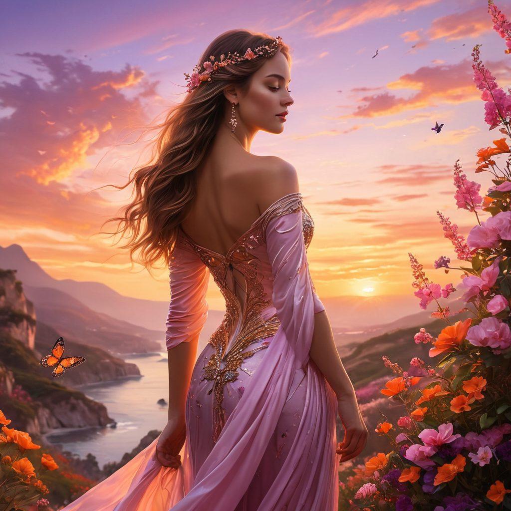 A luminous figure standing confidently against a sunset backdrop, radiating vibrant energy and allure. The scene features soft glowing light patterns cascading around them, symbolizing transformation and inner beauty. Flourishing flowers and butterflies surround the figure, representing growth and change. The color palette should be warm and inviting, blending oranges, pinks, and purples. super-realistic. vibrant colors. dreamy background.